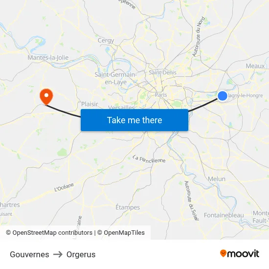 Gouvernes to Orgerus map