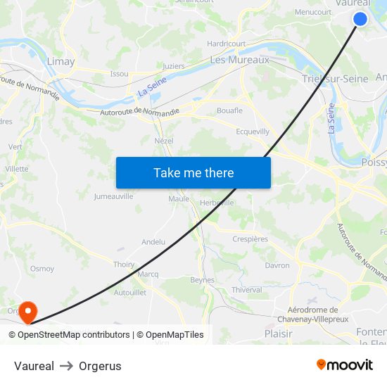 Vaureal to Orgerus map