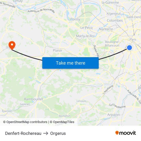 Denfert-Rochereau to Orgerus map