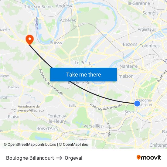 Boulogne-Billancourt to Orgeval map