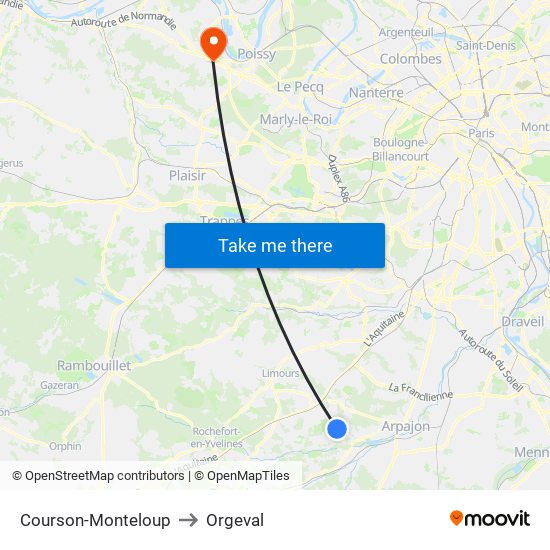 Courson-Monteloup to Orgeval map