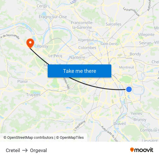 Creteil to Orgeval map