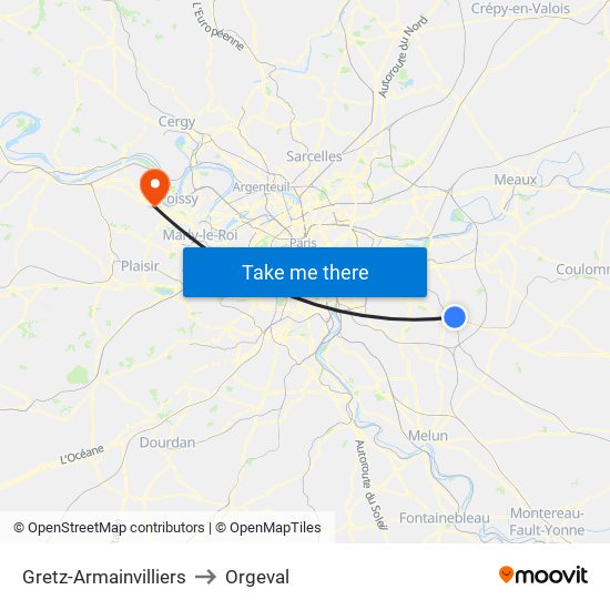 Gretz-Armainvilliers to Orgeval map