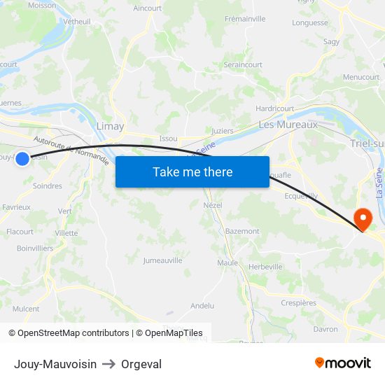 Jouy-Mauvoisin to Orgeval map