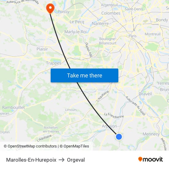 Marolles-En-Hurepoix to Orgeval map