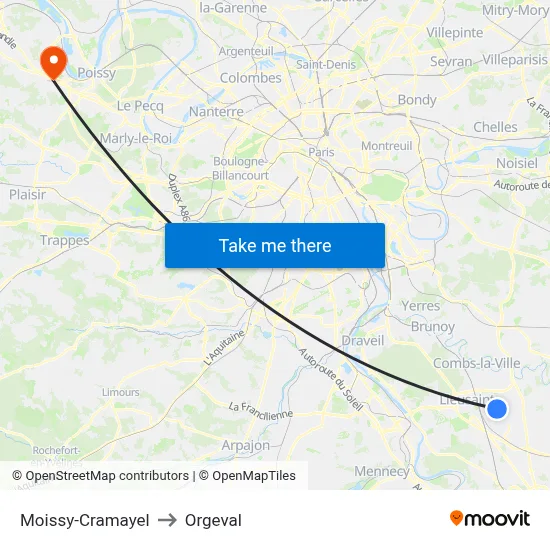 Moissy-Cramayel to Orgeval map