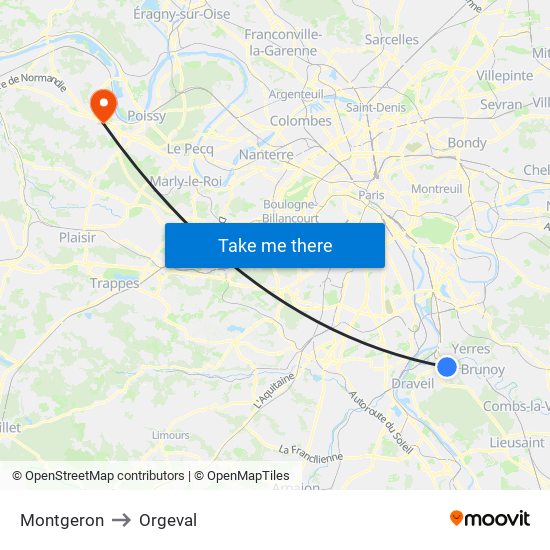 Montgeron to Orgeval map