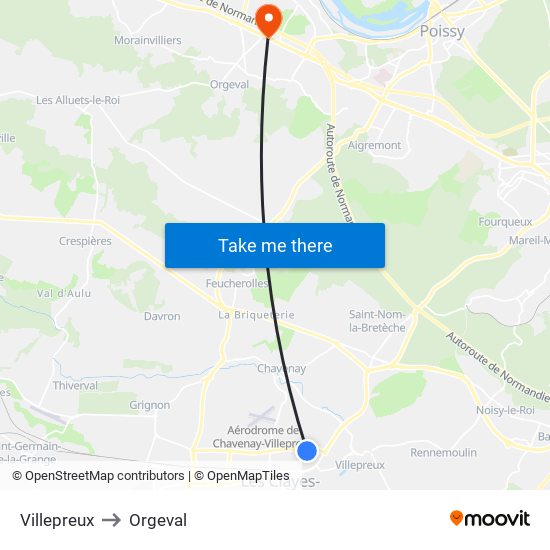 Villepreux to Orgeval map