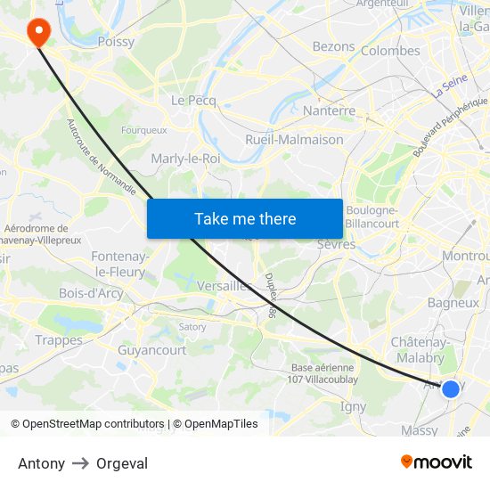 Antony to Orgeval map