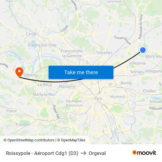 Roissypole - Aéroport Cdg1 (D3) to Orgeval map
