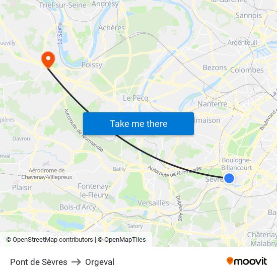 Pont de Sèvres to Orgeval map