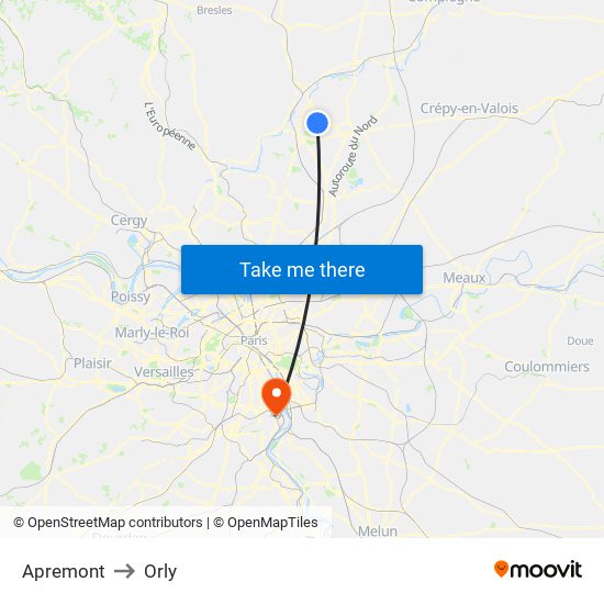 Apremont to Orly map
