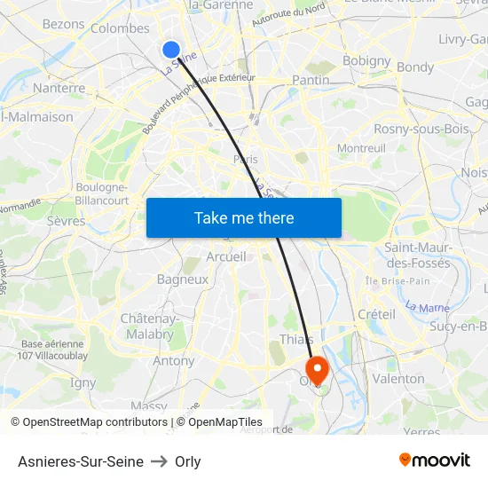 Asnieres-Sur-Seine to Orly map