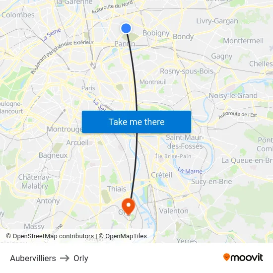 Aubervilliers to Orly map