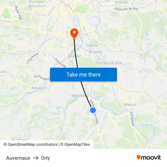 Auvernaux to Orly map