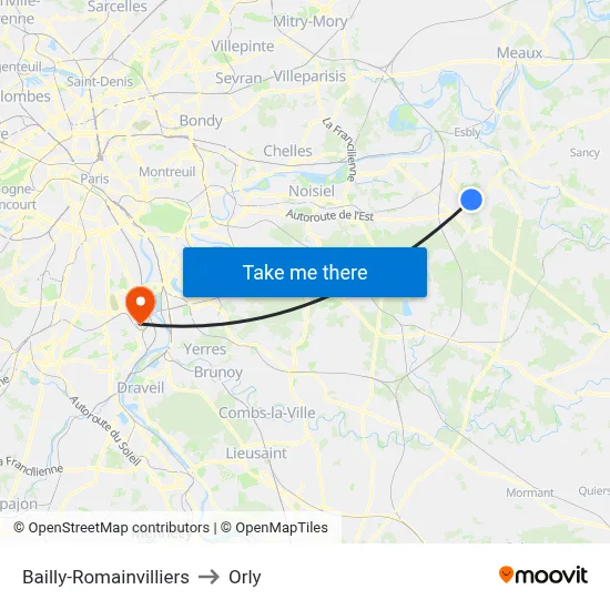 Bailly-Romainvilliers to Orly map