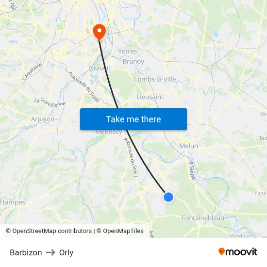 Barbizon to Orly map