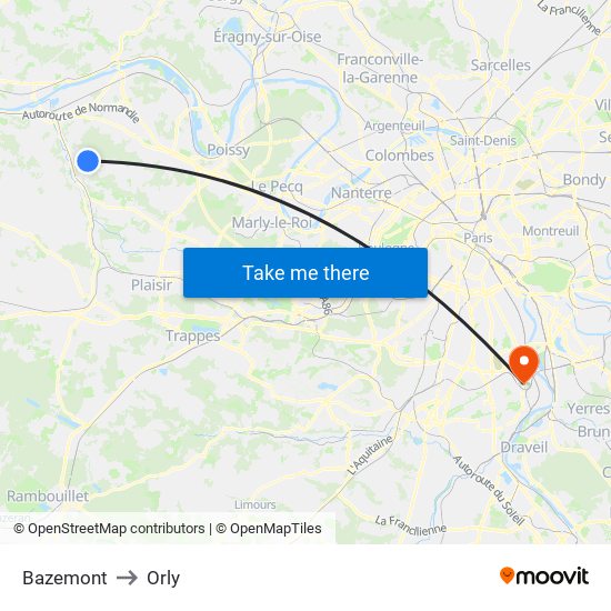 Bazemont to Orly map