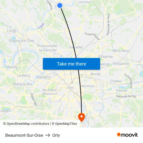 Beaumont-Sur-Oise to Orly map