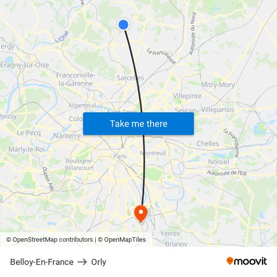 Belloy-En-France to Orly map