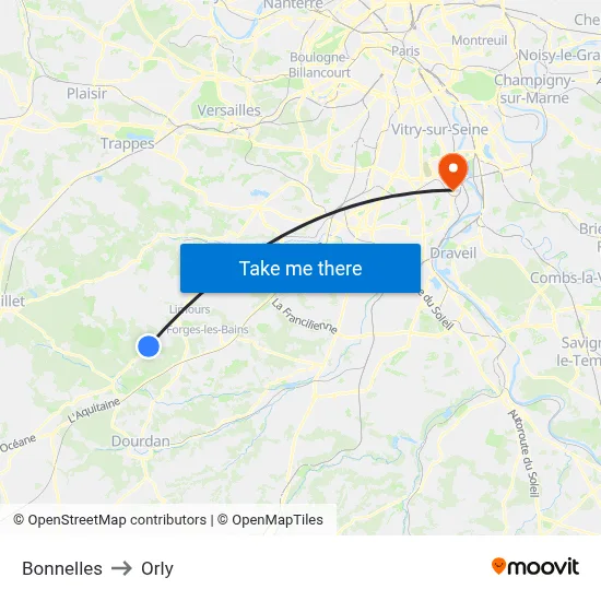 Bonnelles to Orly map