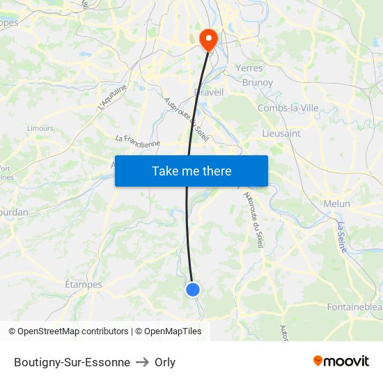Boutigny-Sur-Essonne to Orly map