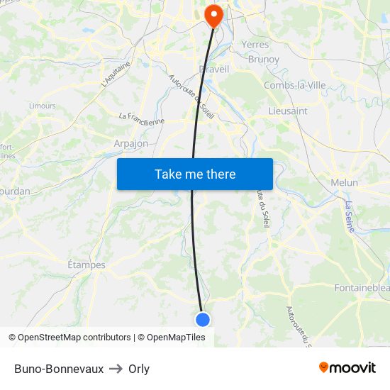 Buno-Bonnevaux to Orly map