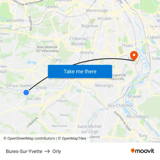 Bures-Sur-Yvette to Orly map