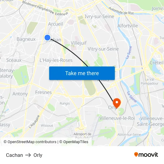 Cachan to Orly map