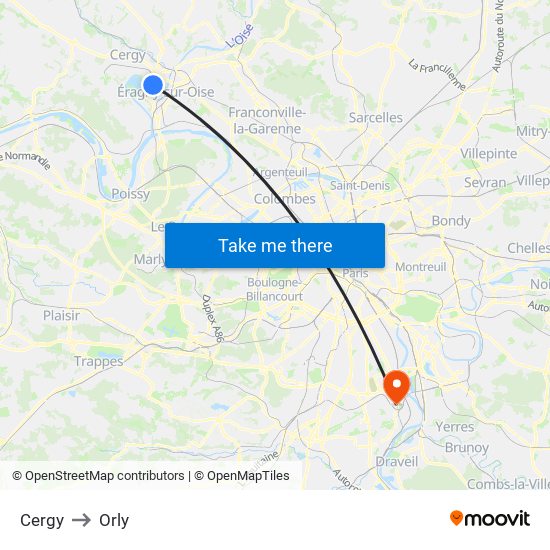 Cergy to Orly map