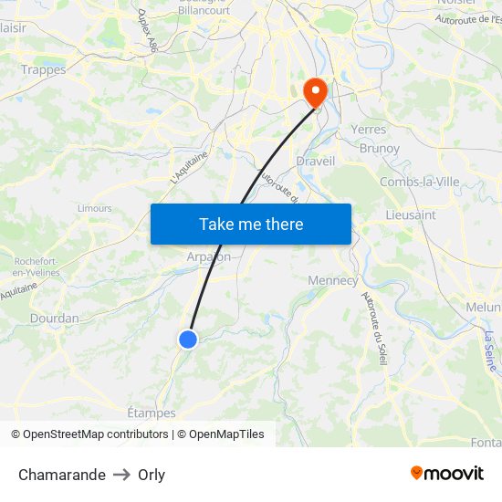 Chamarande to Orly map