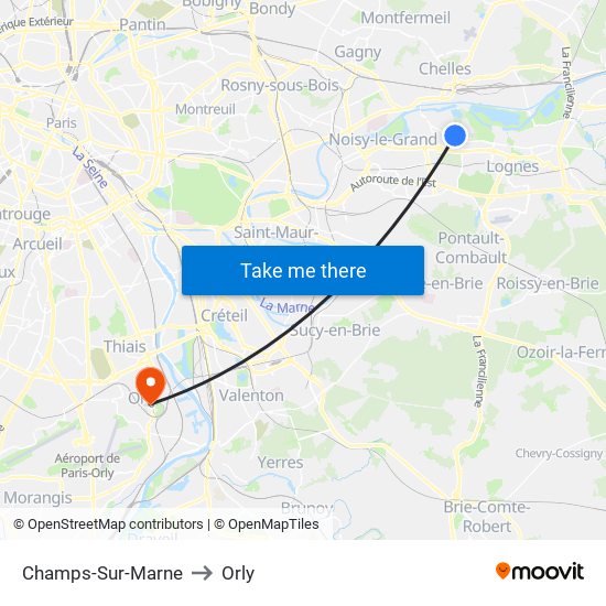 Champs-Sur-Marne to Orly map