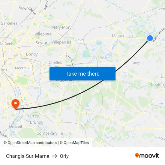 Changis-Sur-Marne to Orly map