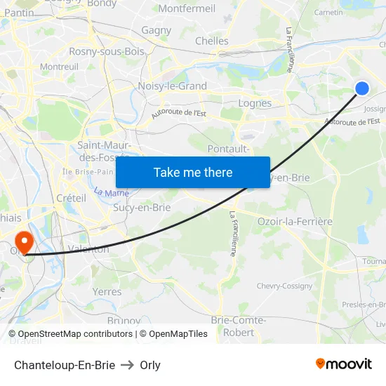 Chanteloup-En-Brie to Orly map