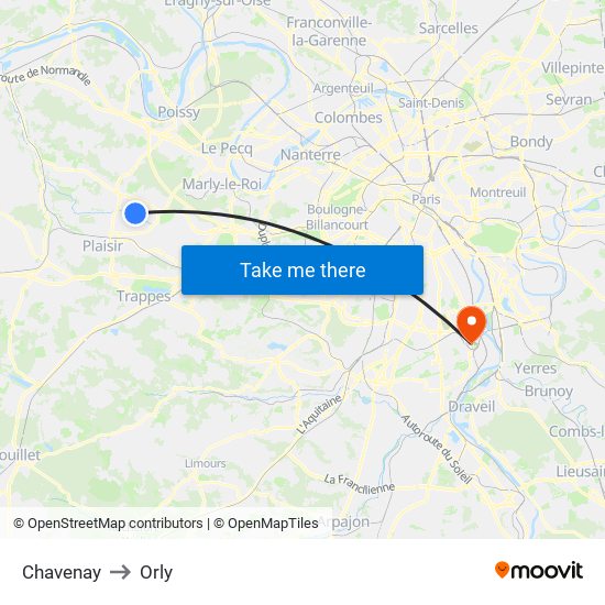 Chavenay to Orly map