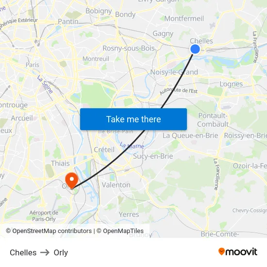 Chelles to Orly map
