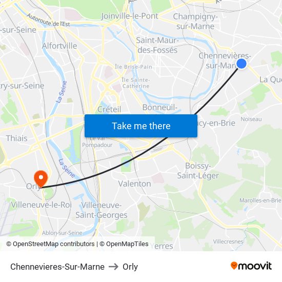 Chennevieres-Sur-Marne to Orly map