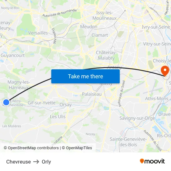 Chevreuse to Orly map