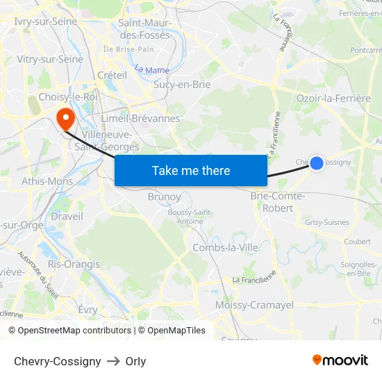 Chevry-Cossigny to Orly map