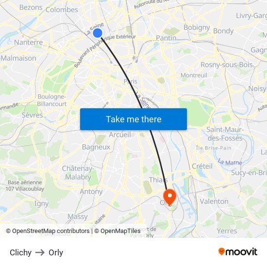 Clichy to Orly map