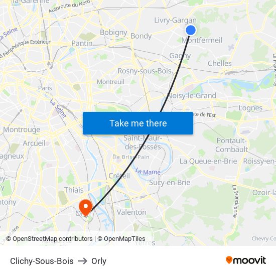 Clichy-Sous-Bois to Orly map