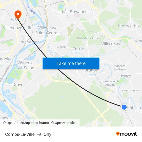 Combs-La-Ville to Orly map