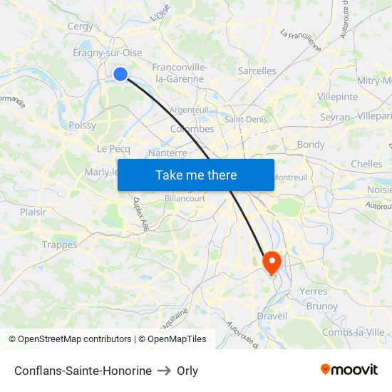Conflans-Sainte-Honorine to Orly map
