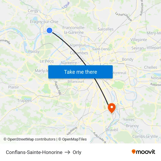 Conflans-Sainte-Honorine to Orly map