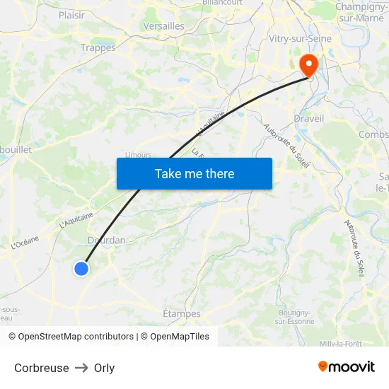 Corbreuse to Orly map