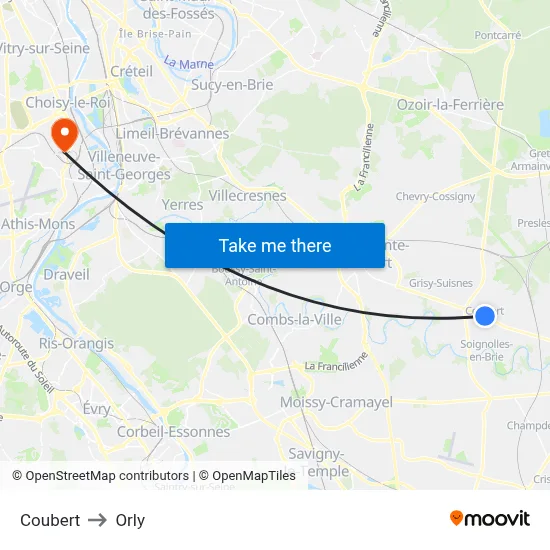 Coubert to Orly map
