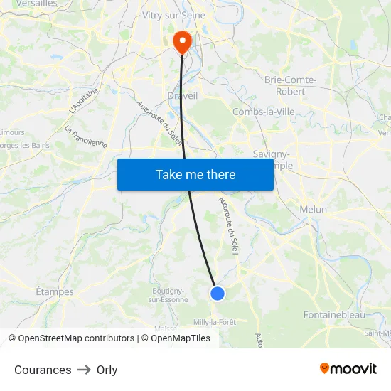 Courances to Orly map