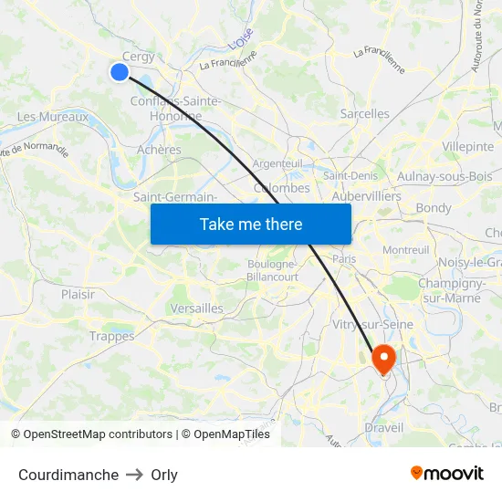 Courdimanche to Orly map