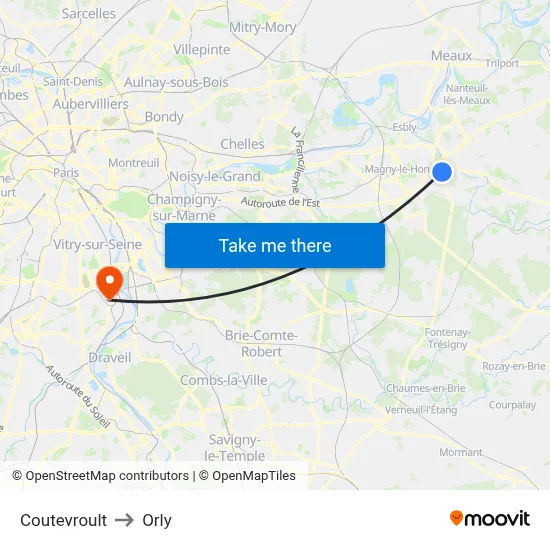 Coutevroult to Orly map