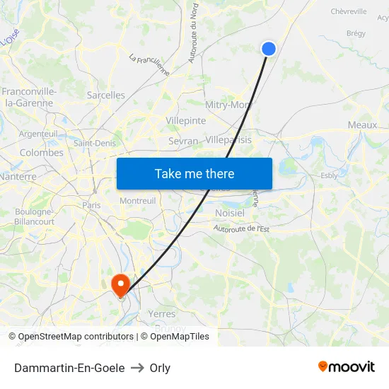 Dammartin-En-Goele to Orly map